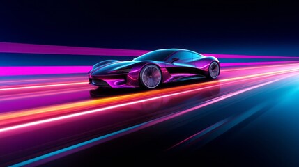 futuristic supercar rush: a sleek vehicle making its mark on an illuminated highway with vivid motion blur