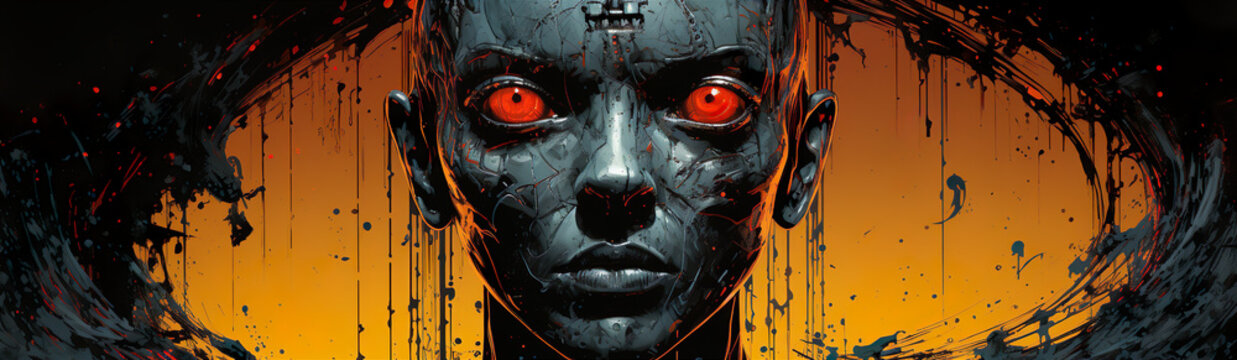 Dark Humanoid Robot With Red Eyes.  Illustration On The Theme Of Technology, Comics And Horror. Generative AI