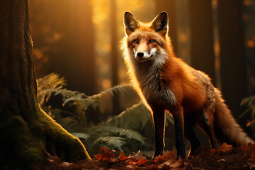 Naklejka premium Red fox in the autumn forest. Beautiful nature scene with wild animal. AI Generative.