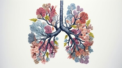 Human lungs with flower and leaves. Environmental nature eco air pollution concept. Lung respiratory chest organ. Health care, disease, cancer, pneumonia, asthma, pulmonary, world no tobacco day, stop - obrazy, fototapety, plakaty
