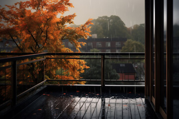 Autumn leaves on the balcony with rain drops and foggy landscape. AI Generative.