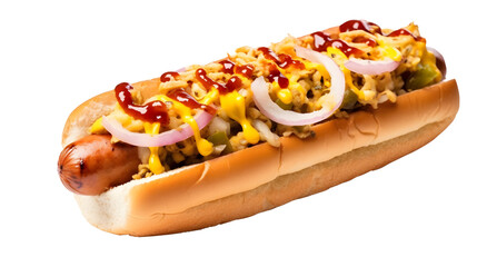 Transparent close-up of a gourmet hotdog, loaded with toppings and condiments.