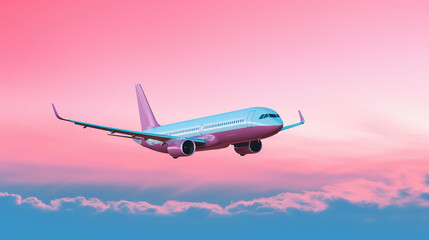 Fototapeta na wymiar Commercial airplane flying above the clouds at sunset. AI Generative.