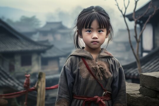 Industrious Chinese village girl. China travel scenery. Generate Ai