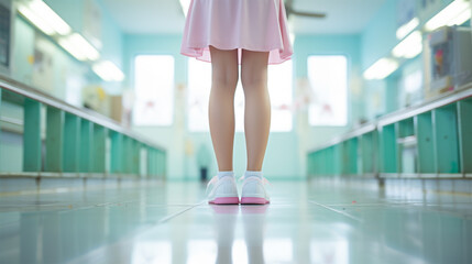 legs of a schoolgirl in sneakers standing in an empty school corridor . Teen loneliness concept