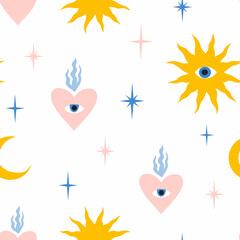 Beautiful abstract seamless pattern with sun heart popular design. Stock clipart print illustration.