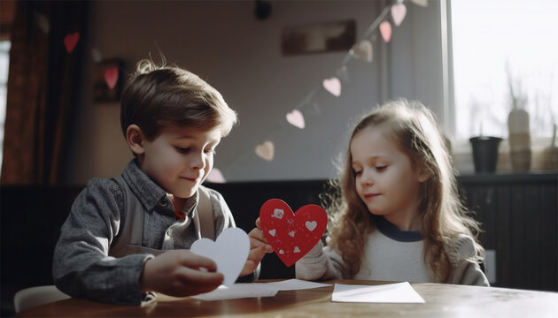 Two children a boy an girl in love making a Valentines card with hearts. created homemade greeting card. A little girl and boy painted and colored card with funny hearts. Gift for Valentines day. 