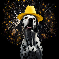 Portrait of Dalmatian dog with  yellow hat and fireworks,blac,white and yellow colors,Christmas and New Year,minimal composition,winter concept