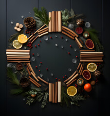Christmas wreath copy space,Christmas and New Year,winter concept,maroon,black,yellow,red and green colors,fruit