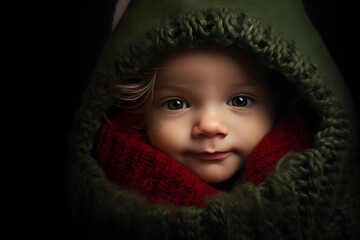 portrait of a baby in christmas clothes,green and red,warm,winter concept,Christmas and New Year,minimal composition