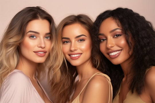 Smiling multi-ethnic fit girls, three models of happy and diverse young women in conjoined tops on beige background, group yoga fitness workouts. Portrait. AI generated.