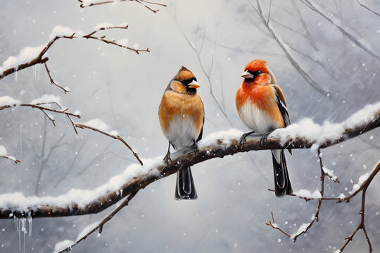 Pair of birds sitting on a branch covered with snow in winter forest with snowfall and golden lights in the background.
