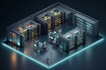 Isometric office and server room with rows of operational server racks, 3D rendering. Generative AI - obrazy, fototapety, plakaty