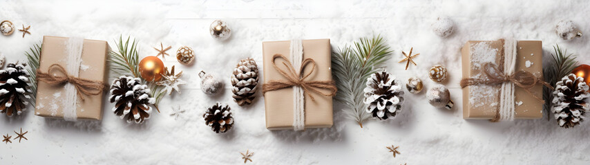 Fototapeta na wymiar Rustic Christmas gifts with white ribbons, pine cones, spruce and fir branches and decorations in a row on white snowy abstract background. Horizontal composition, flat lay, top view.