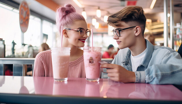Young romantic hipster couple drinking pink milkshake in retro diner. American fast food diner, Vintage 80s 70s design. Pink Restaurant