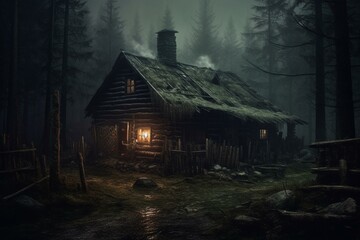 Eerie log cabin surrounded by a dim spooky forest. Generative AI