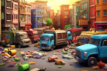 3D city illustration depicting garbage trucks for waste removal. Generative AI - obrazy, fototapety, plakaty