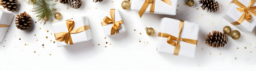 Christmas gifts with golden ribbon, pine cones, spruce and fir branches and decorations in a row on white snowy abstract background. Horizontal composition, flat lay, top view.