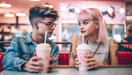 Young romantic hipster couple drinking pink milkshake in retro diner. American fast food diner, Vintage 80s 70s design. Pink Restaurant - obrazy, fototapety, plakaty