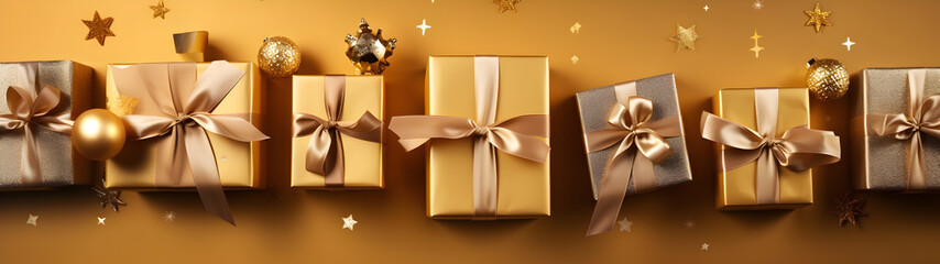 Golden Christmas gifts, balls and decorations in a row on a gold abstract background. Horizontal composition, top view, flat lay, copyspace.