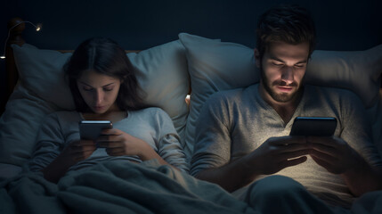 Young couple lying in bed while using smart phones, bored distant couple ignoring each other while using mobile phones. Addiction to social media and technology - obrazy, fototapety, plakaty