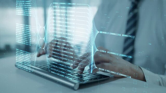Programming language hologram with coder hands typing on computer keyboard abstract background. Artificial intelligence and deep machine learning concept. Big data technology and AI neural network