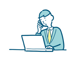 電話をしながらパソコンを操作するスーツを着た男性のシンプルなイラスト