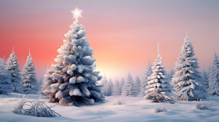 Decorated Christmas tree with colorful lights inside a winter countryside in the evenng with snow covered surface and trees, mountains in the background and sunset.