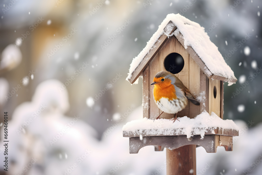 Wall mural cute small bird next to feeding house in snow during winter