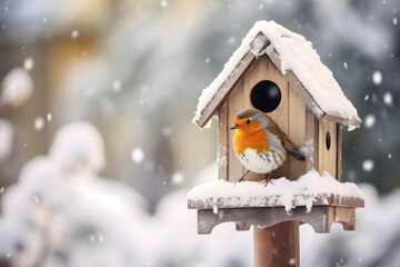 Cute small bird next to feeding house in snow during winter - obrazy, fototapety, plakaty