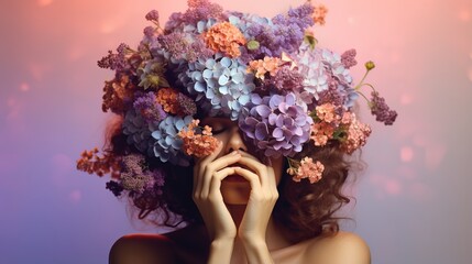 smiling woman with flower-covered head: mental health and positive thinking concept