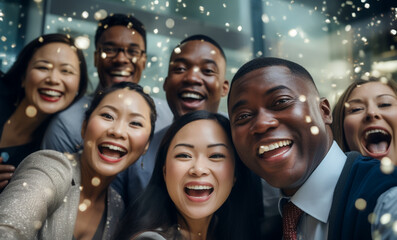 Happy Employees From Different Backgrounds and Cultures Celebrating Achievement Together at Work.
