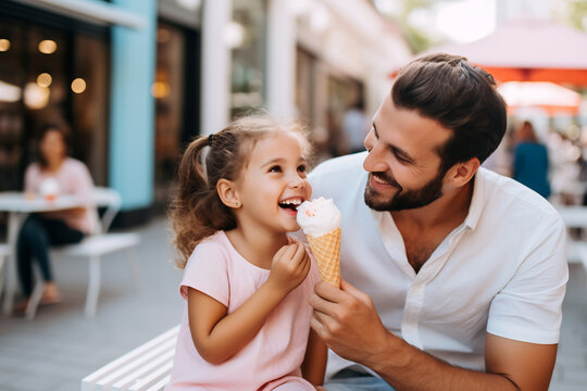 Happy daughter sitting with dad on the city street and eating ice cream outdoor. Cheerful little girl having fun spending time with father, good relationship between dad and daughter