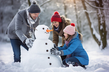 Happy parent with their children having fun making a snowman in winter park outdoors