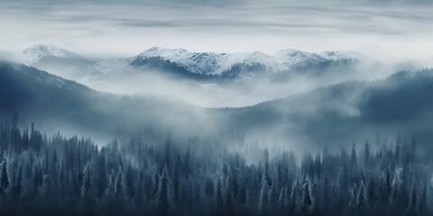 Fototapeta na wymiar AI Generated. AI Generative. Mist magic snowy mountain range with forest. Fog in the morning landscape background nature. Graphic Art