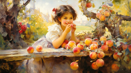 illustration of little girl picking apples on a garden. Outdoor fun for children. Healthy nutrition