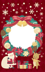 クリスマスリースのイラストフレーム赤背景_縦1