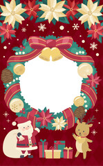 クリスマスリースのイラストフレーム赤背景_縦3