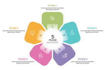 Petal shape glassmporphism infographic template with 5 options, steps, parts, segments. Business concept. marketing infographic vector illustration.