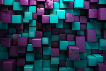 Interlocking blocks of various shapes and sizes form a wall on a purple and turquoise technology background. Generative AI