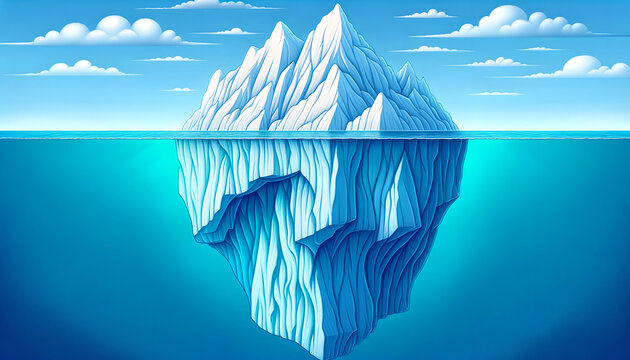 Iceberg with larger hidden part, Hidden danger, unaware danger concept art, Generative AI