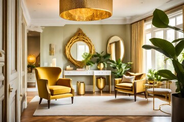 luxury apartment suite lounge, A luxurious living room adorned with a stylish honey yellow armchair, a glistening gold lamp, and an opulent mirror framed in gold