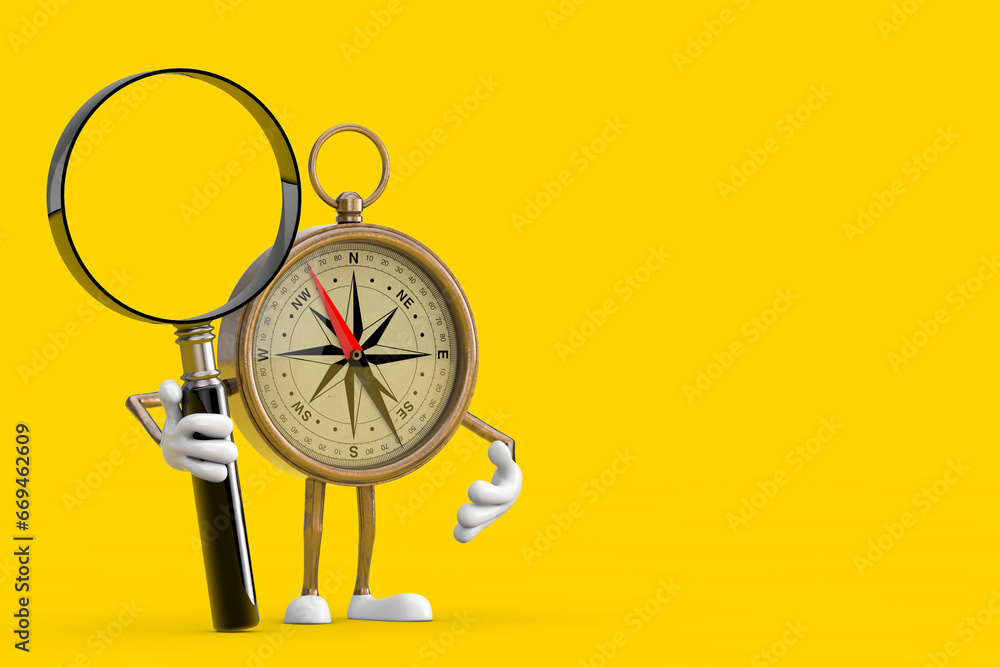 Sticker Antique Vintage Brass Compass Cartoon Person Character Mascot with Magnifying Glass. 3d Rendering