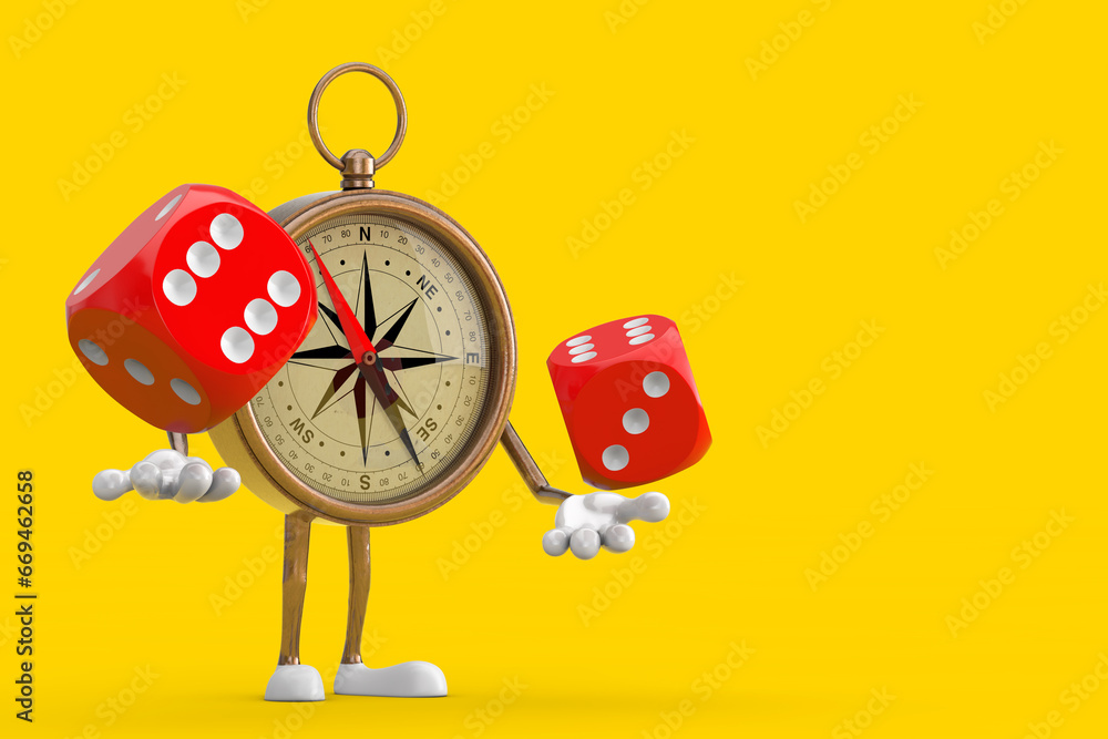 Poster antique vintage brass compass cartoon person character mascot with red game dice cubes in flight. 3d