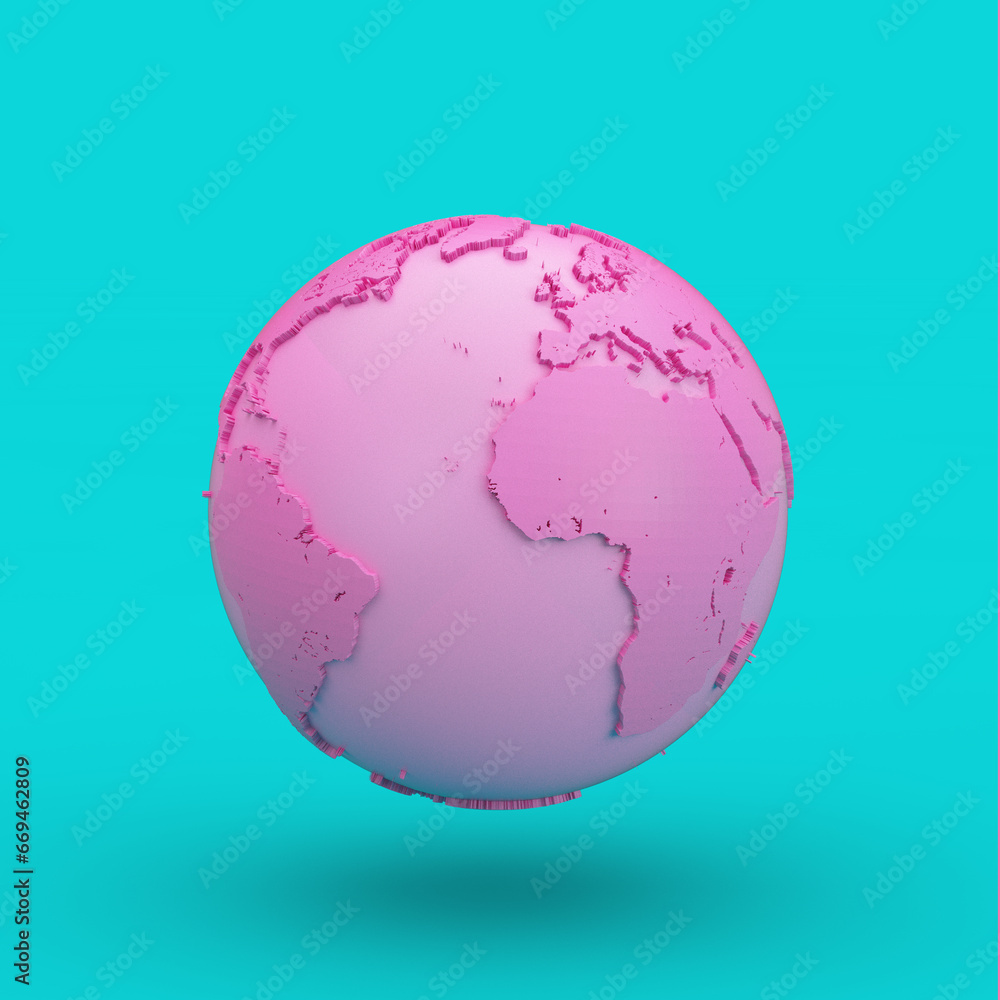 Poster pink earth globe in duotone style. 3d rendering