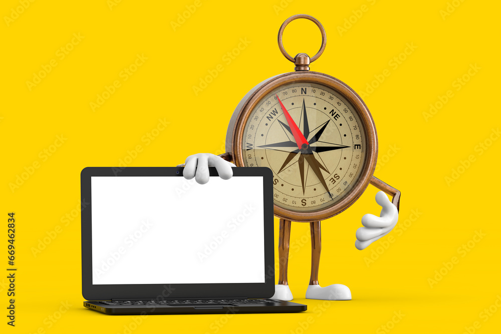 Poster antique vintage brass compass cartoon person character mascot with modern laptop computer notebook a