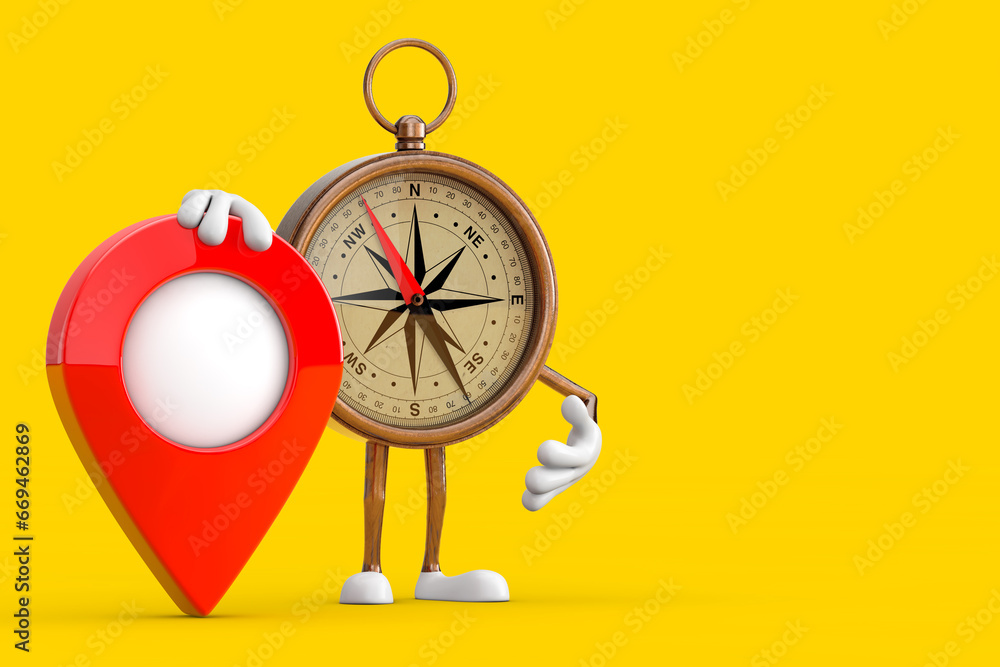 Poster antique vintage brass compass cartoon person character mascot with red target map pointer pin. 3d re