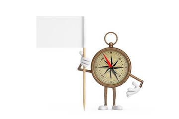 Antique Vintage Brass Compass Cartoon Person Character Mascot with White Flag with Free Space for Your Design. 3d Rendering