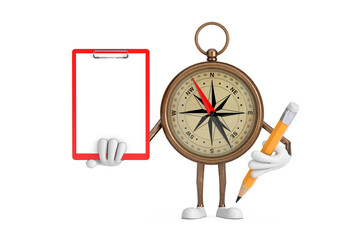 Antique Vintage Brass Compass Cartoon Person Character Mascot with Red Plastic Clipboard, Paper and Pencil. 3d Rendering