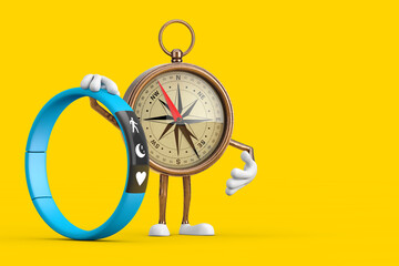 Antique Vintage Brass Compass Cartoon Person Character Mascot with Blue Fitness Tracker. 3d Rendering
